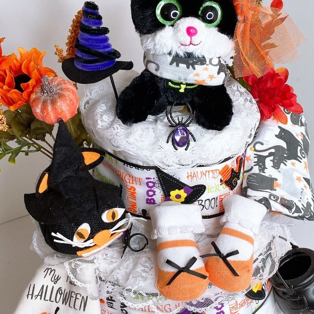 Girls Halloween Diaper Cake, Black cat Diaper Cake